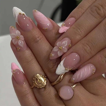 24PCS Pink Almond Press on Nails Full Cover Carved Flower 3D Ripples French Fake Nails for Women with Golden Pearl Wearable Nail