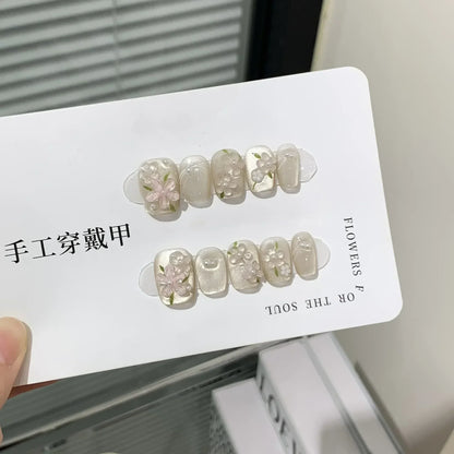 10Pcs Short Ballerina Handmade Press on Nails Blue Cat Eye Fake Nails Wearable Stick-on Nails Full Cover False Nail Uñas 네일팁