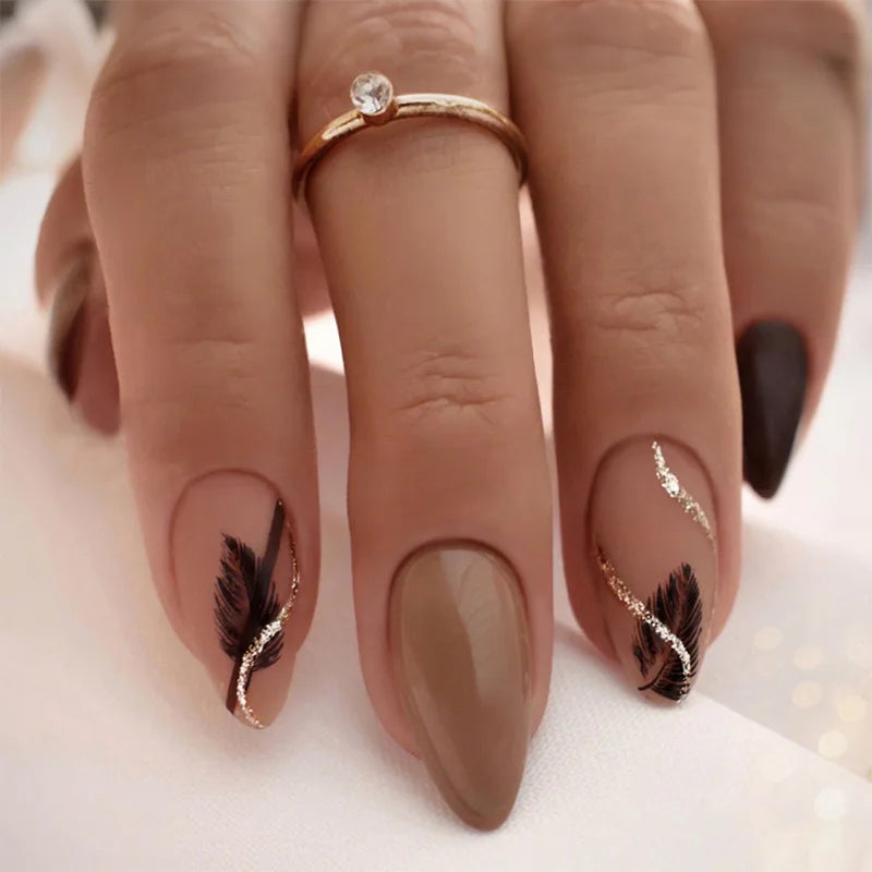 24pcs Almond False Nails Tips Summer Beach Colorful Nails Sets with Pearl Flower Design Press on Nails Art Wearable Fake Nail