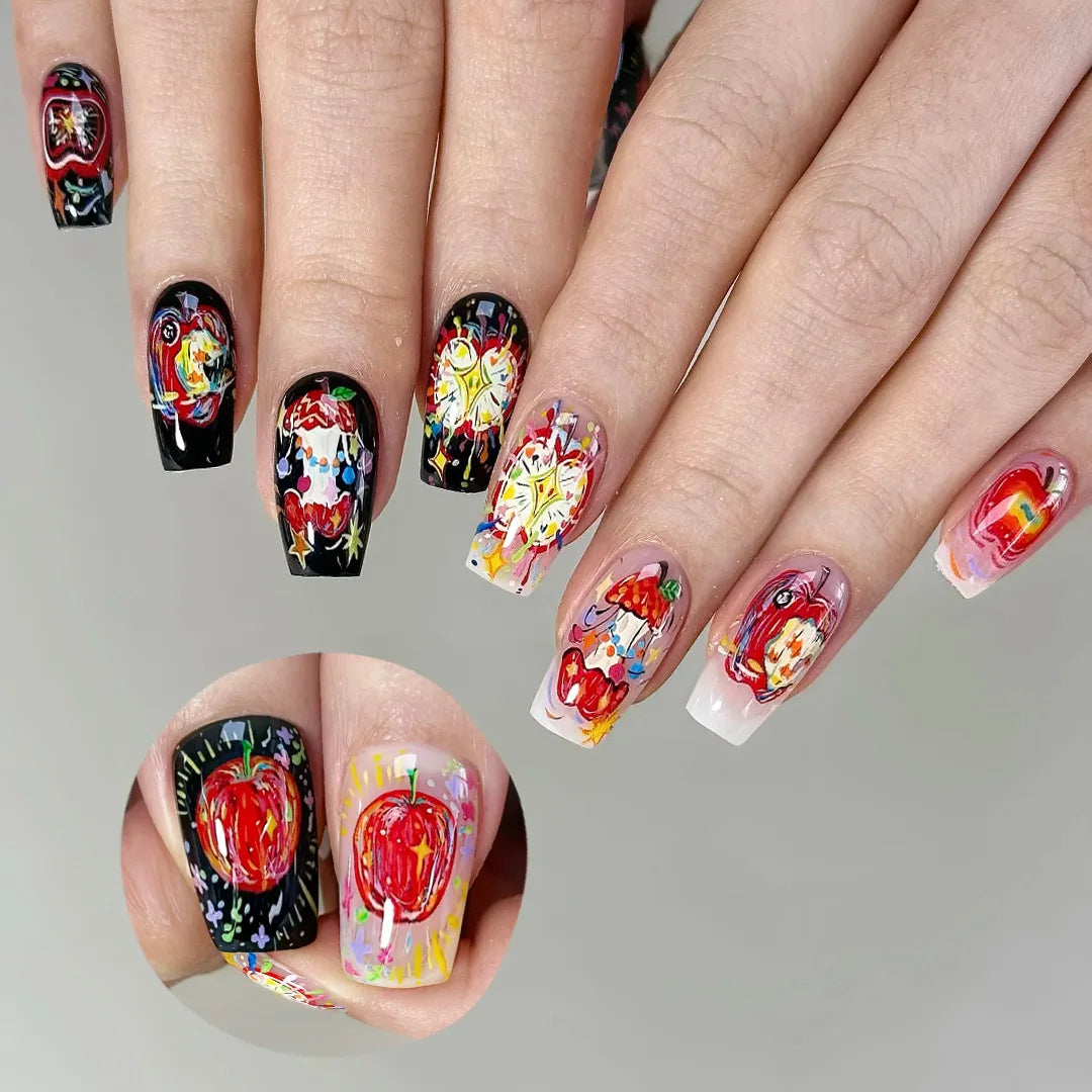 Medium long fake nails for Christmas party Cute snowman Santa Claus gift snowflake square almond tips Press on false nail art