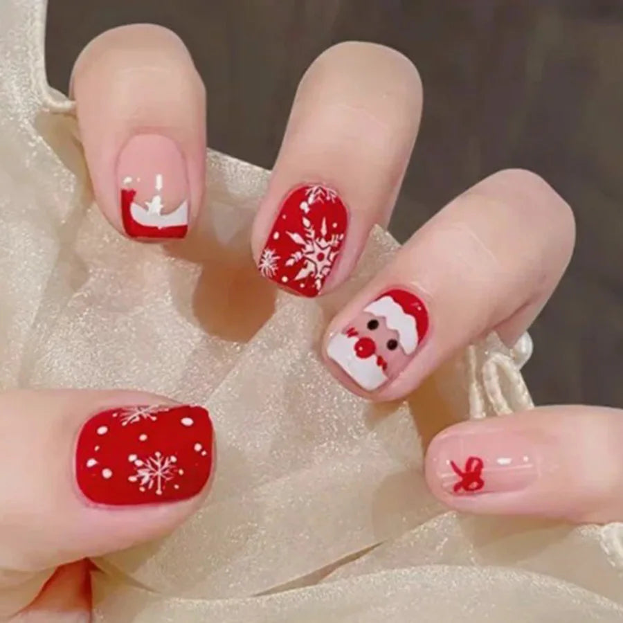 Short Medium fake nails for Christmas party Santa claus deers snowman snowflakes almond Square tips press on false nail art set