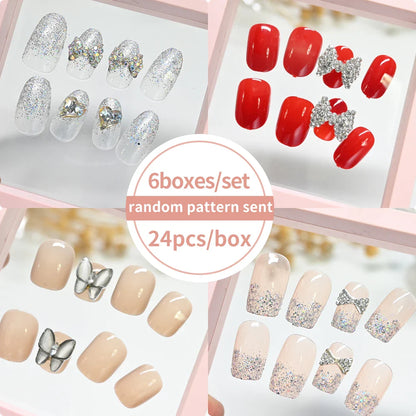 6 Boxes/set Press On Nails Full Cover Sweet Pink Red Short Round Head False Nails Manicure Wearable Nail Tips with Jelly Gel