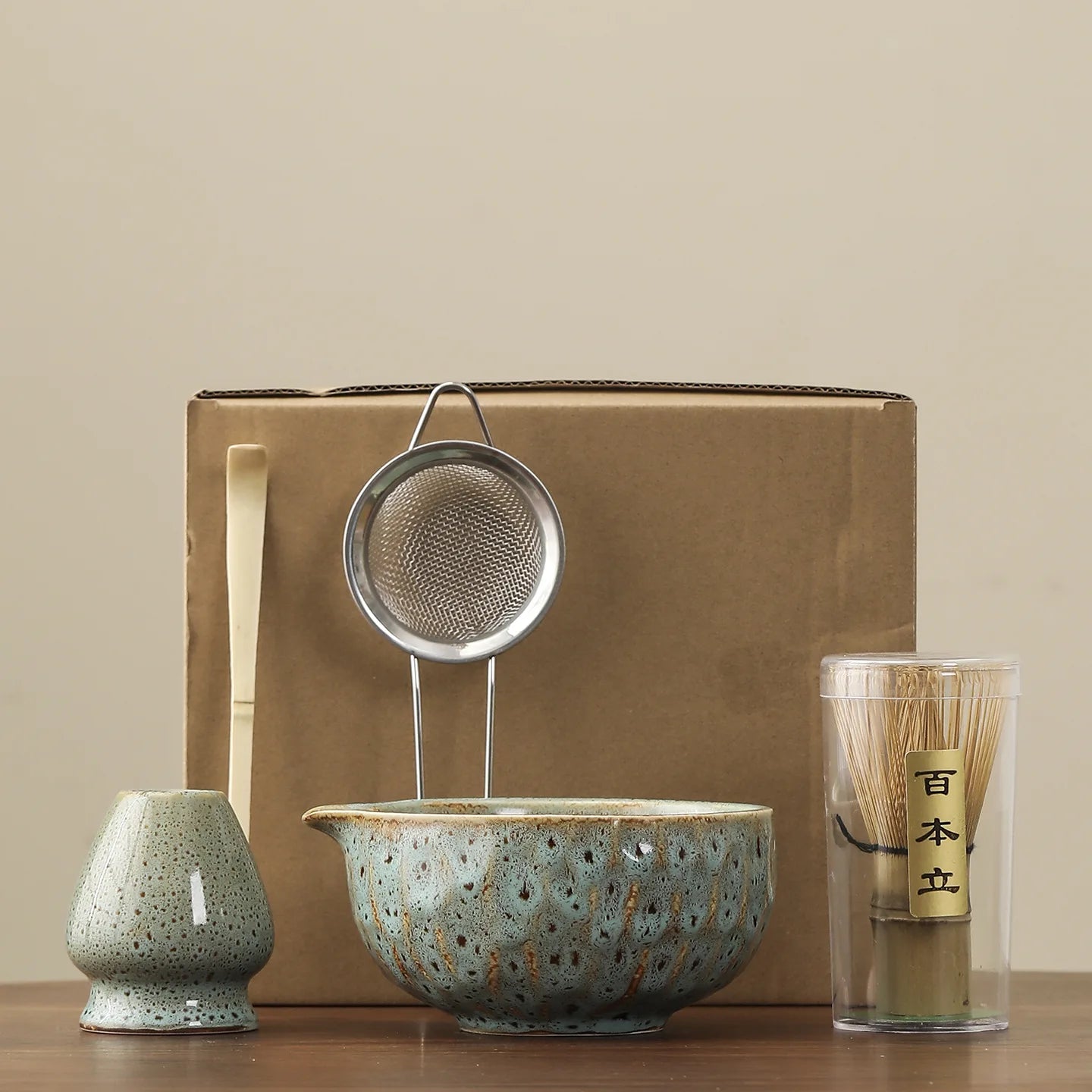1set of Japanese matcha ceramic set, including kiln transformation matcha bowl, whisk, Hyakubon stand, matcha blender, gift