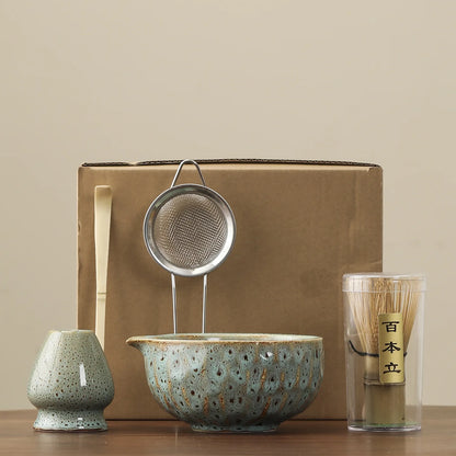 1set of Japanese matcha ceramic set, including kiln transformation matcha bowl, whisk, Hyakubon stand, matcha blender, gift