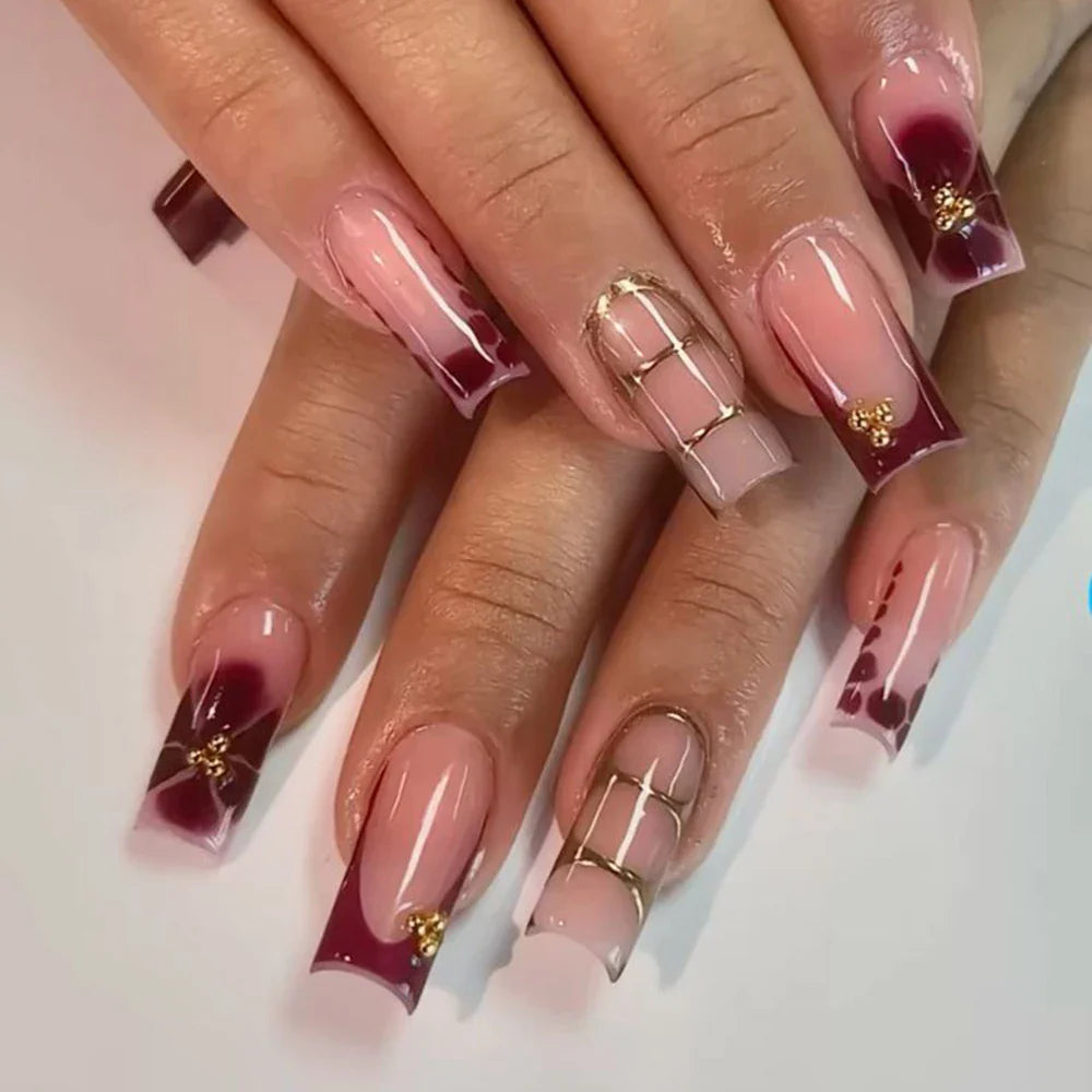 24Pcs Retro Flower Long Coffin French Fake Nails Caviar Bead Floral Gold Hollow Design Press On Nail Tips Y2k Acrylic False Nail