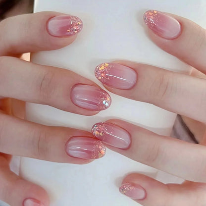 24Pcs Simple Green French False Nails Short Almond Fake Nails with Wave Line Design Wearable Round Head Press on Nail Tips