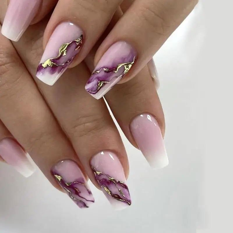 24pcs Glitter Ballet False Nail Simple Wine Red Mid-length Coffin Fake Nail Wearable Simple Shiny Powder Design Press on Nails