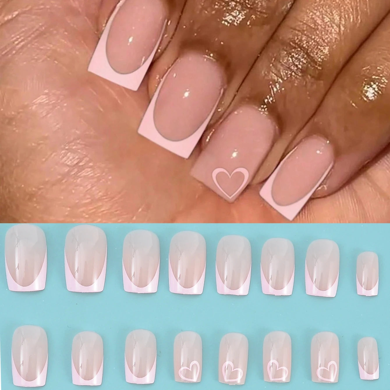 24PCS Rectangular Fake Nails Cute Heart-Shaped Nude Fake Nails Pointed French Valentine's Day Nails Suitable For Women And Girls