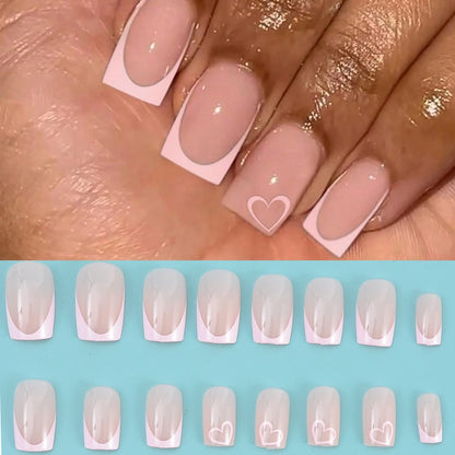 24PCS Rectangular Fake Nails Cute Heart-Shaped Nude Fake Nails Pointed French Valentine's Day Nails Suitable For Women And Girls