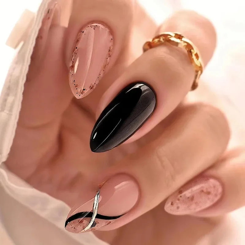 24Pcs Black Almond False Nails with Glue Wearable Long Stiletto Fake Nails Gold Foil Flash Design Full Cover Press on Nail Tips