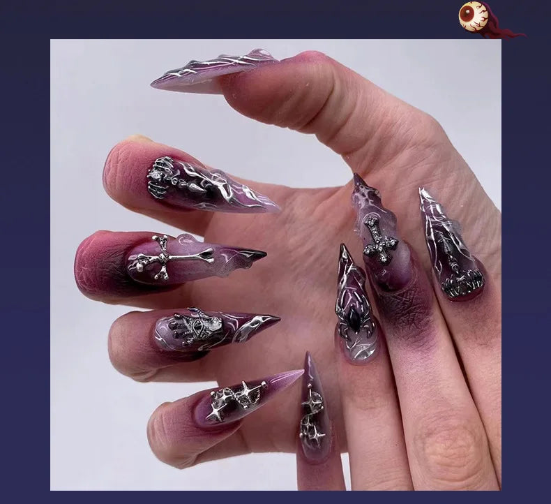Halloween Cool Spice Style Spider Skull False Nails Purple Halo Dyeing Detachable Finished Fake Nails Press on Nail with Glue