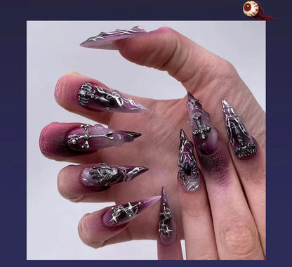 Halloween Cool Spice Style Spider Skull False Nails Purple Halo Dyeing Detachable Finished Fake Nails Press on Nail with Glue