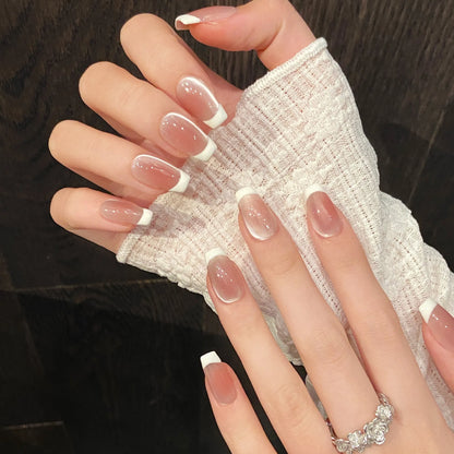 10pcs Handmade French Cat Eye Press on Nails Ins Simple Nude Pink Sweet Girl Fake Nails Reusable Wearable Korean False Nail Tips