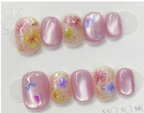 10Pcs/Set Press On Acyrlic Ice Cat's Eye Handmade Fake Nails Short/Medium Almond 3D Mirror Flower Pearls Decor Nude French Nails
