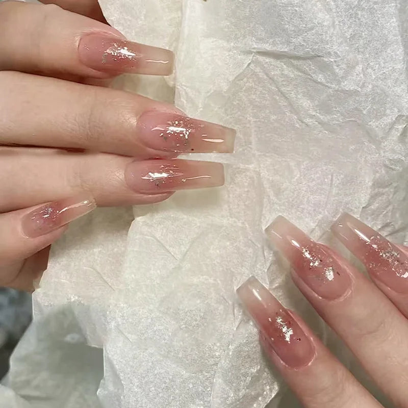 Long Coffin Press on Nails Nude Color Ballerina Fake Nails Light Pink Charms Manicure Women Girls Full Cover False Nails Tips