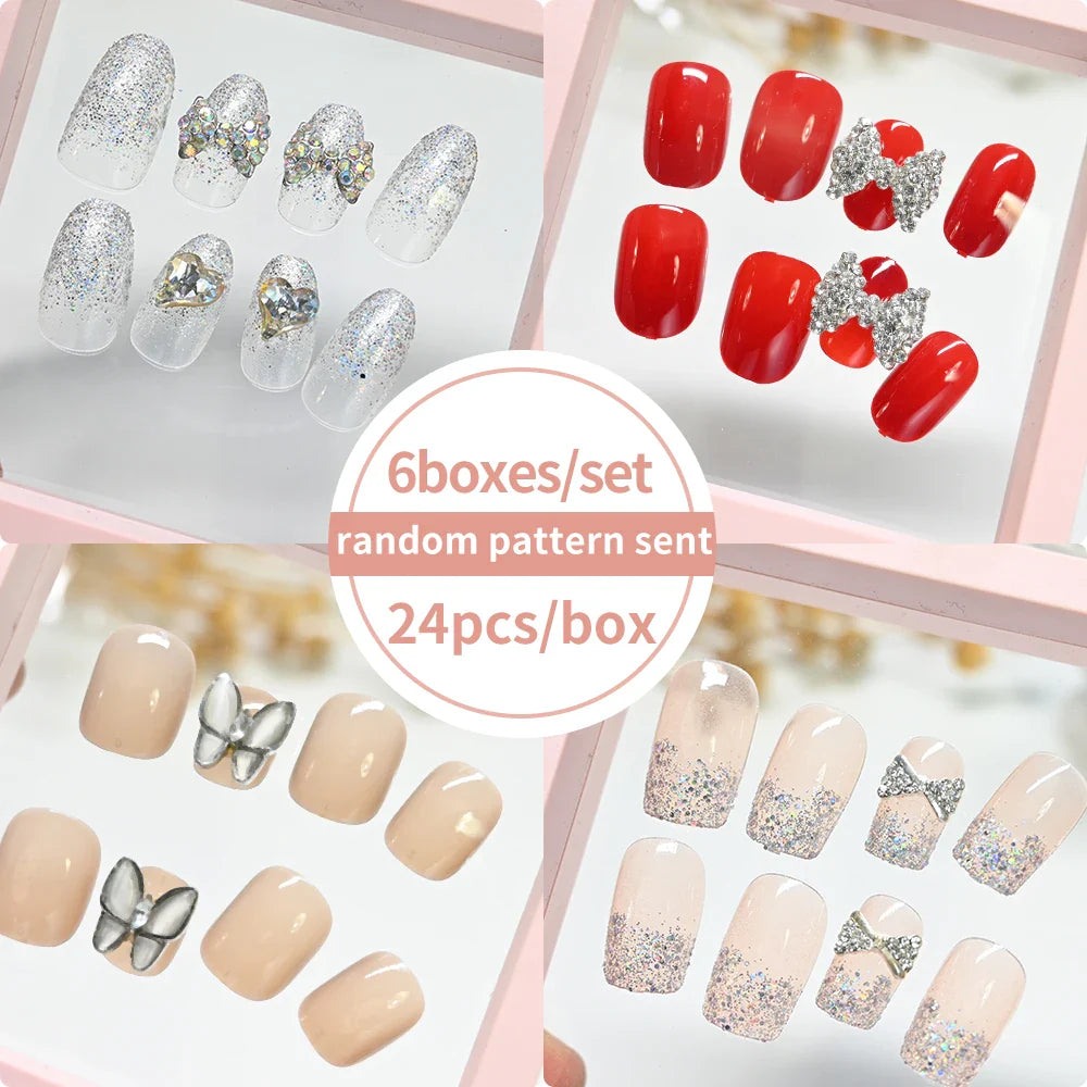 6 Boxes/set Press On Nails Full Cover Sweet Pink Red Short Round Head False Nails Manicure Wearable Nail Tips with Jelly Gel