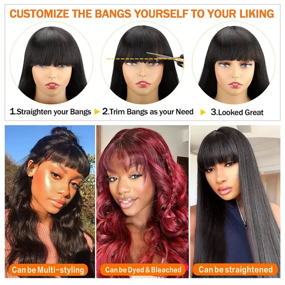 Body Wave Human Hair Wigs With Bangs 12A Peruvian Cheap Hair Wigs On Sale Clearance Full Machine Made Wig With Bangs For Woman