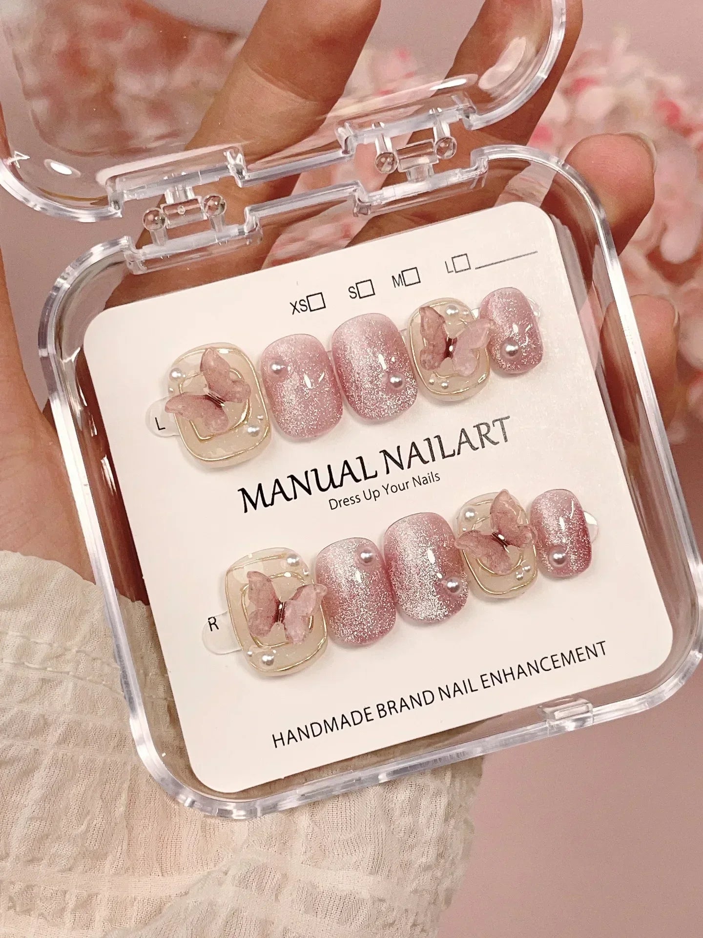 10Pcs Cat Eye Short Handmade Press On Nails Full Cover Rhinestone Butterfly Design Pink False Nails Manicure Wearable Nail Tips