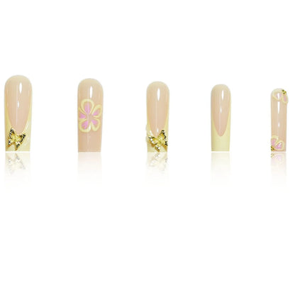 24pcs Fresh Long Coffin Fake Nails Yellow French Style Flower Printed Metal Butterfly Designs Press On Nails Summer False Nail