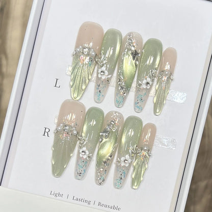10pcs Long Almond Fake Nails Tips With Green Cat's Eye Handmade French Press On Nail Flower Pearl Design False Nail Detachable