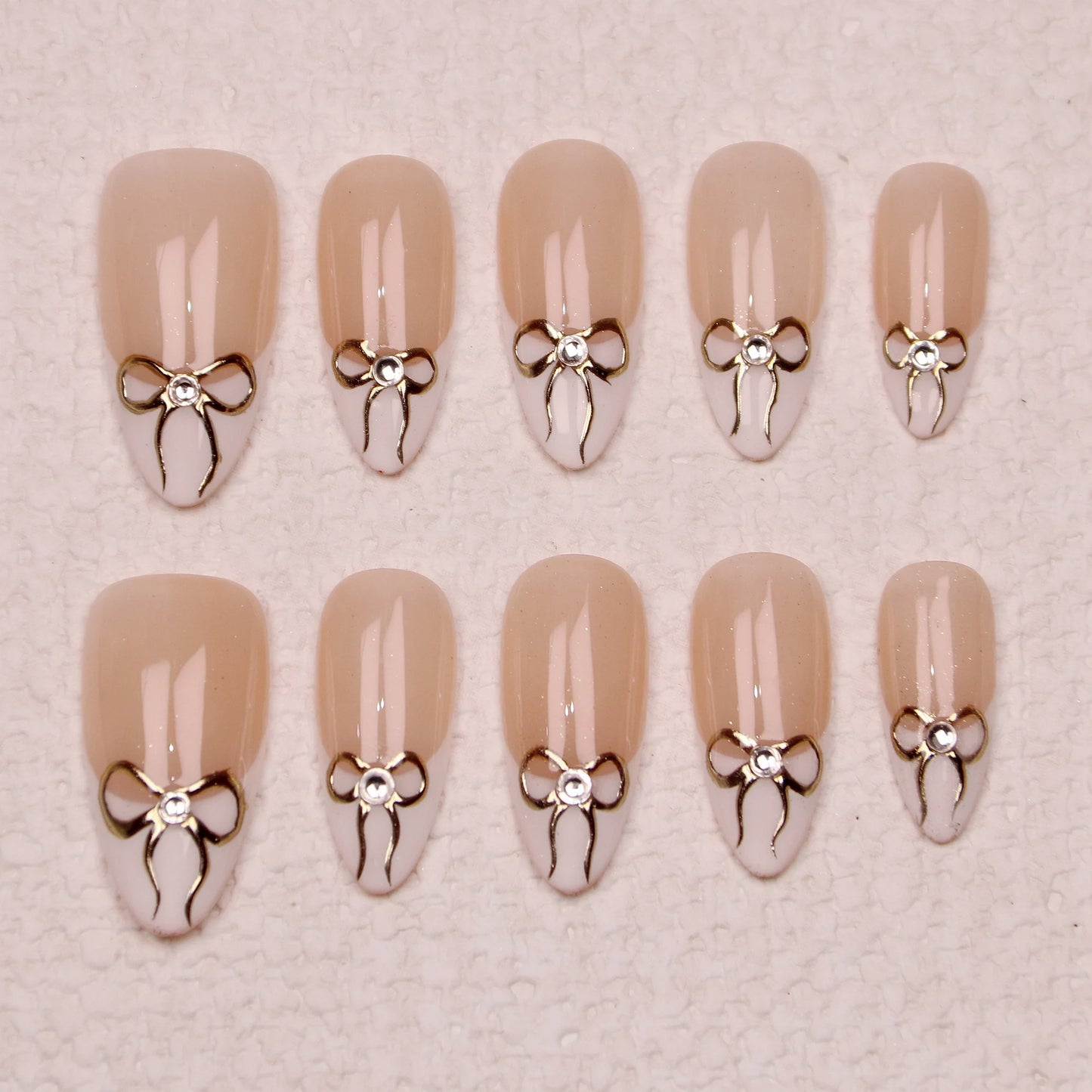 10Pcs Handmade Manicure Medium Almond Fake Nails Unique 3D New Cut bow Flowers Press On Nails Design with Adhesive Nail File Set