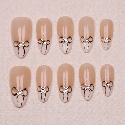 10Pcs Handmade Manicure Medium Almond Fake Nails Unique 3D New Cut bow Flowers Press On Nails Design with Adhesive Nail File Set