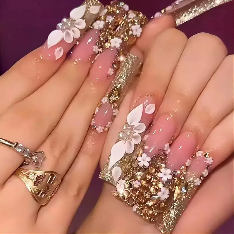 24Pcs Gold French Border False Nails Long Coffin False Nails with Rhinestones Ballerina Full Cover Nail Tips Press on Nails