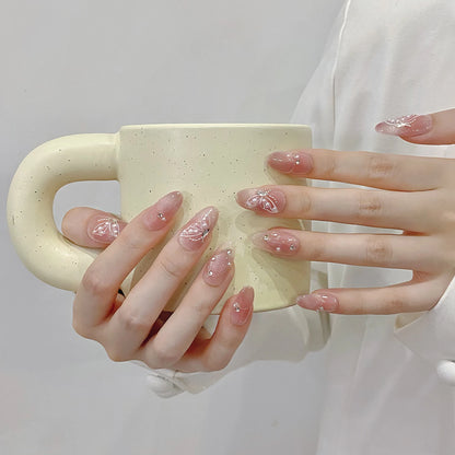 Handmade Press on Nails Shiny Pink Cat Eye Pearl Fake Nail Tips For Girl Women Wearable Full Cover Korean Sweet False Nails