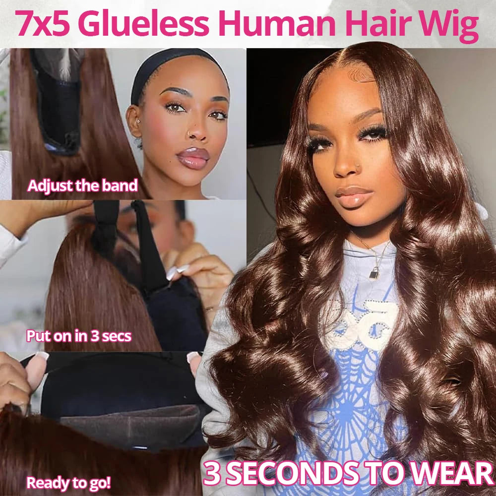 Chocolate Brown 7x5 Glueless Wigs Pre Cut Lace 230 Density Vietnamese Body Wave 13x6 HD Lace Frontal Human Hair Wig Preplucked