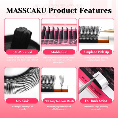 MASSCAKU U Shaped 4D 5D Eyelash Extensions 0.07mm Thickness Rapid Grafting Lightweight Durable Flat Root Lashes Makeup Products