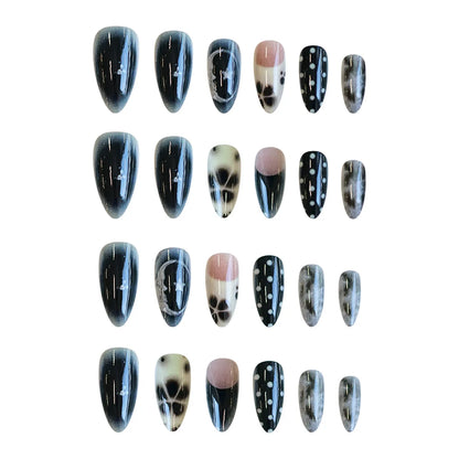 24pcs Smudging Flower Press On Nails Wave Point Designs French Style Almond False Nails Y2k Sweet Cool Fake Nail For Spicy Girls