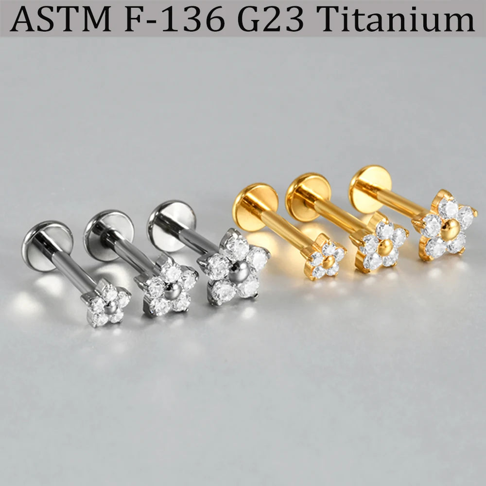 1/5PCS F-136 Implant Titanium Different Size Flower Zirconia Labret 16G Internal Threaded Cartilage Helix Lobe Earring Piercing