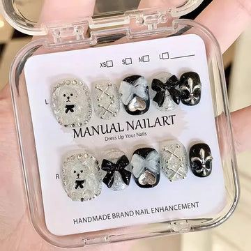 10Pcs Short Square Round Handmade Nails Bow Black and White Bear Fake Nail Diamond Decoration Removable Wearable Nail for Women