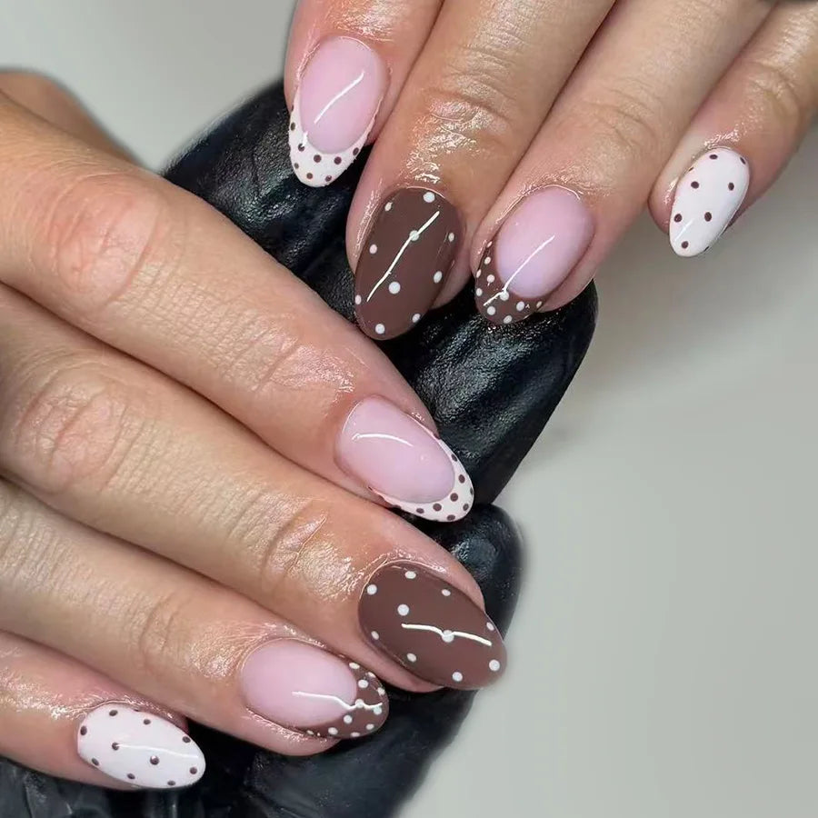 24pcs Blue Press on Nails with Polka Dot Pattern Design Almond Full Cover Nail Tip Flower Rhinestone False Nail French Fake Nail