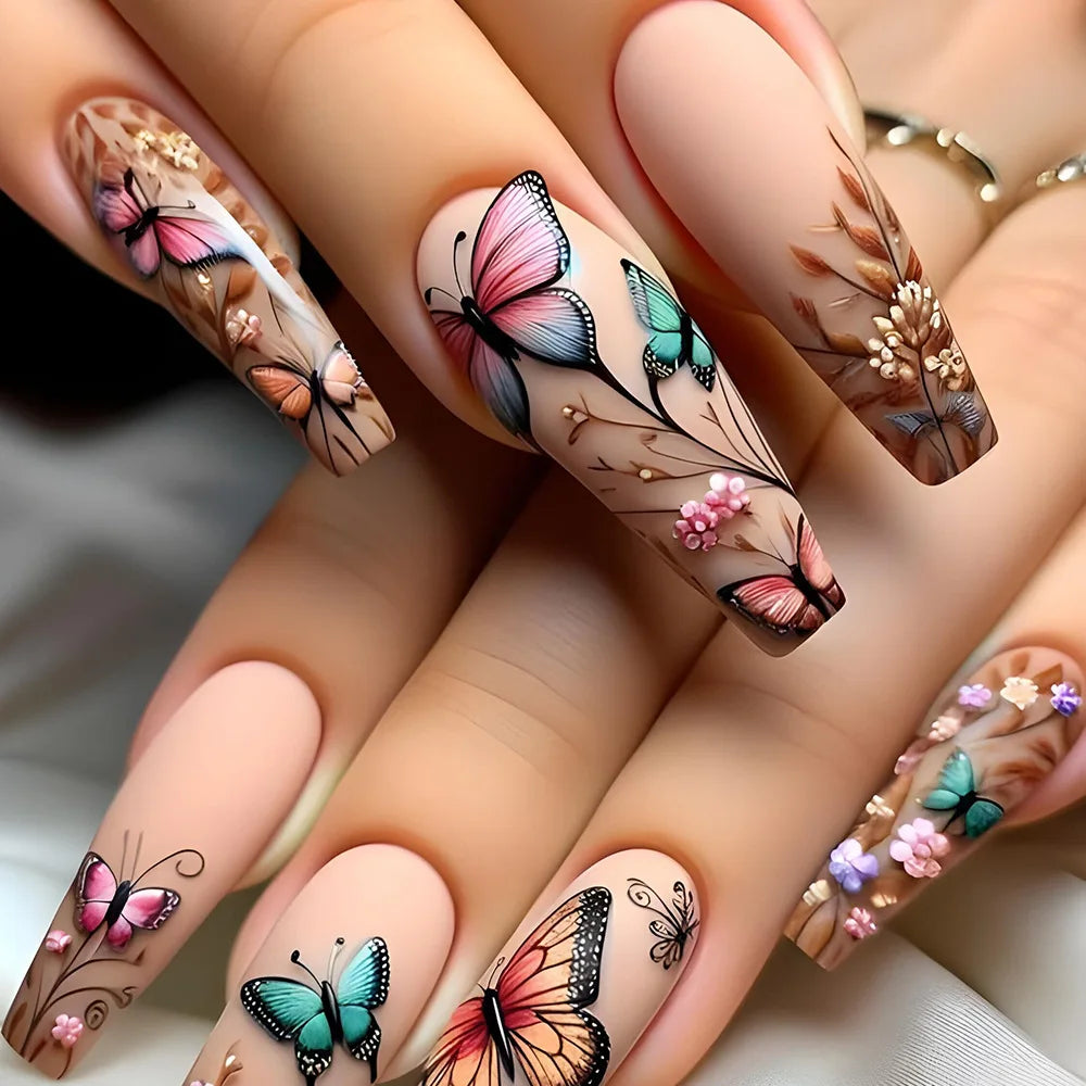 24pcs Gradient White Design False Nails Simple Glitter Long Ballet Fake Nail Tips Wearable Coffin Press on Nails with Jelly Glue