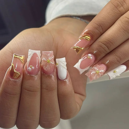 Pink Magic Mirror French 3D Flowers Nail Art Fashion Almond Wearable False Nails Detachable Finished Fake Nails Press on Nails