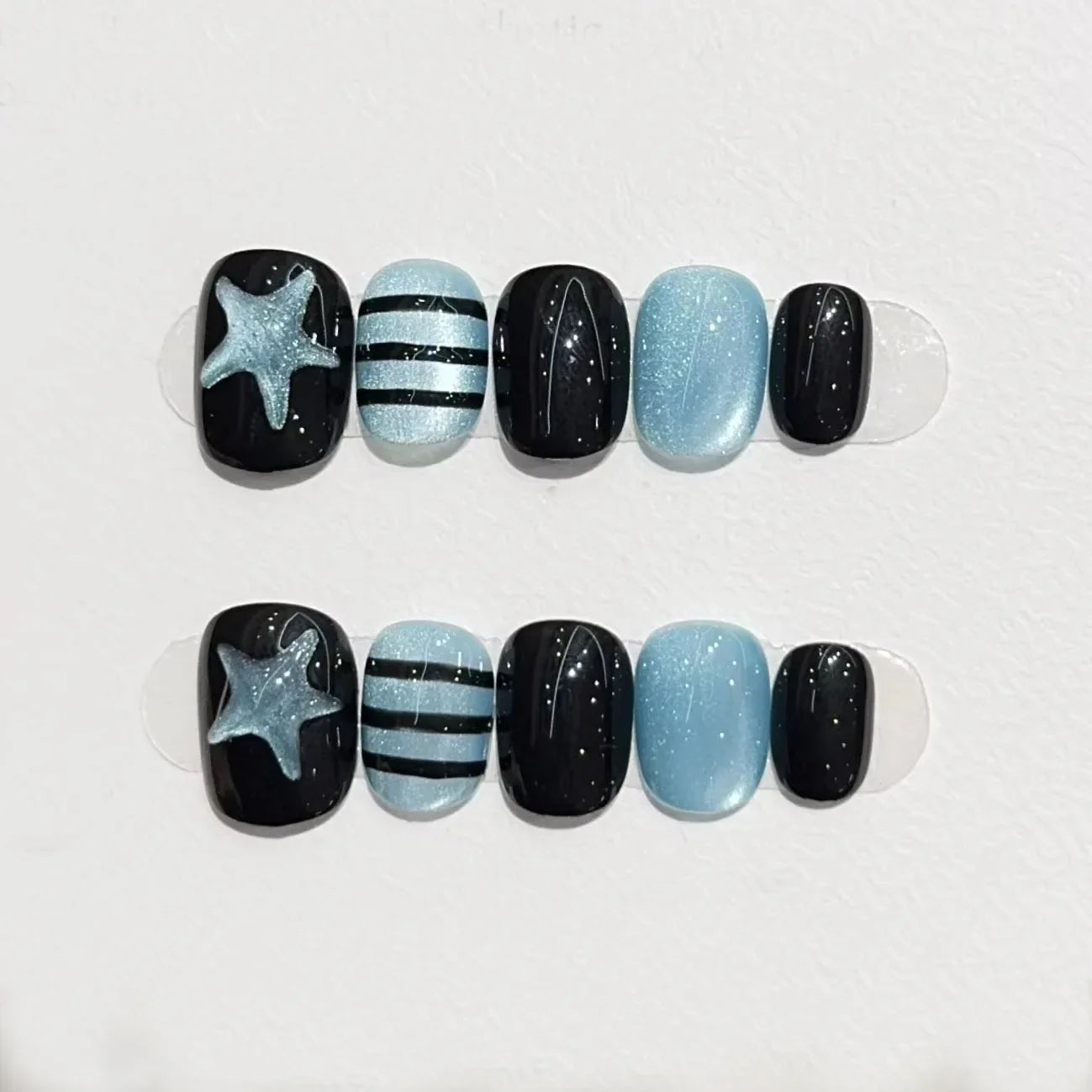 10pcs Short Oval Shaped Press-On Nails - Color Block Stripes & Star Designs Glossy Mix-and-Match False Nails for Women and Girls
