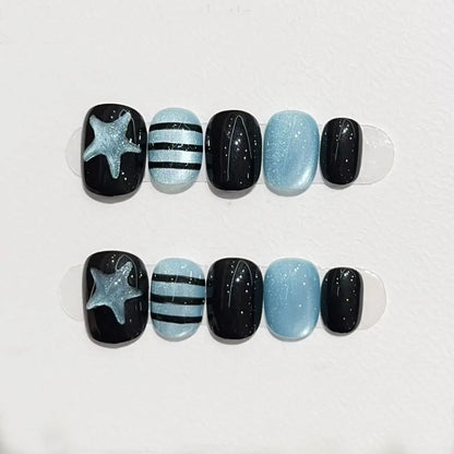 10pcs Short Oval Shaped Press-On Nails - Color Block Stripes & Star Designs Glossy Mix-and-Match False Nails for Women and Girls
