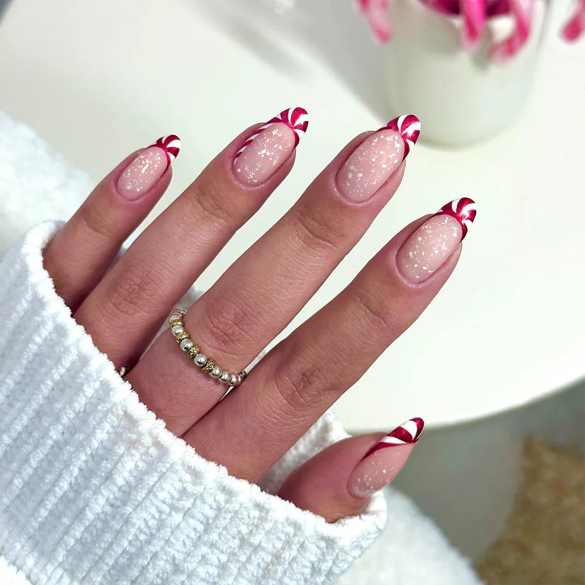 Trend Popular 24Pcs/Set Women Girls Long Oval Shaped French Colorful stripes Full Coverage Wearable Fake Nail Press on Nail Art