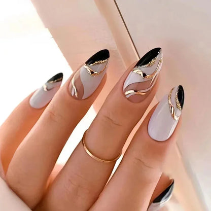 24Pcs Almond False Nails with Leopard Print Designs Long Stiletto French Press on Nails Wearable Spike Full Cover Fake Nail Tips