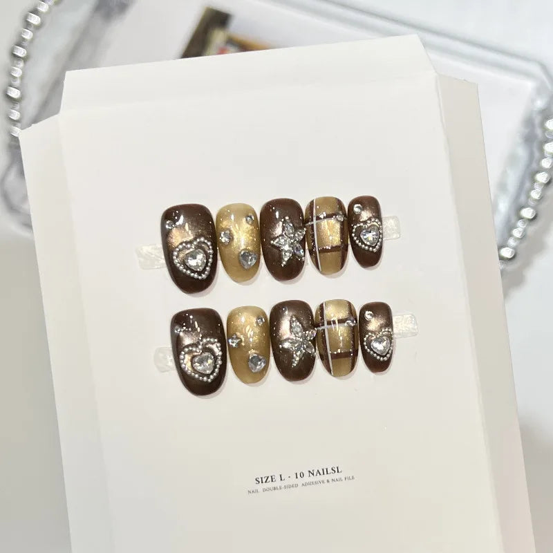 10Pcs Handmade Nail Adorable Short-Length Coffee-Brown Cat-Eye Zirconia Heart-Shaped Press-On Nails Perfect Gift for Women