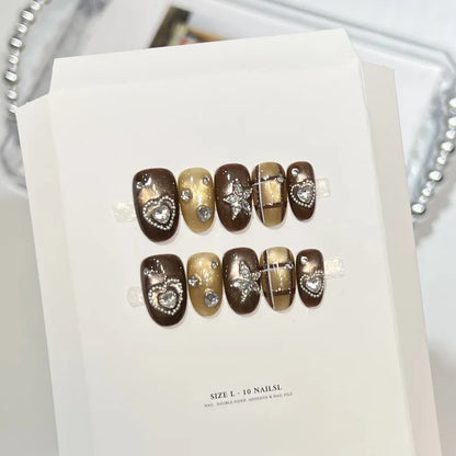 10Pcs Handmade Nail Adorable Short-Length Coffee-Brown Cat-Eye Zirconia Heart-Shaped Press-On Nails Perfect Gift for Women