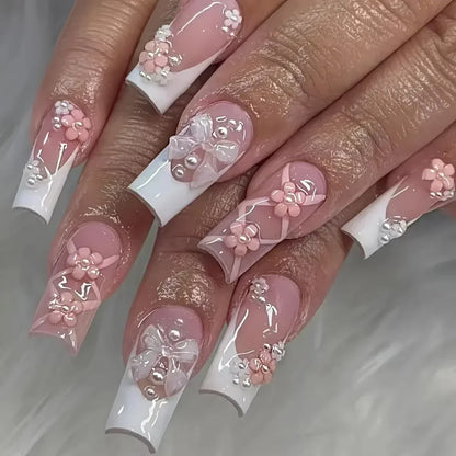 24Pcs Pearl heart Press on Nails Cross French Long Style Fake Nail for Women&Girl Removable Wearable Nail Art
