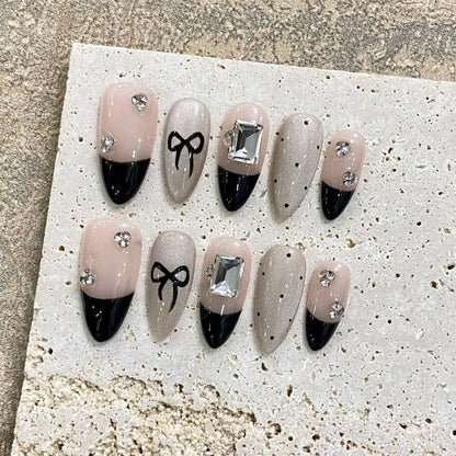 10pcs White Flowers Decor Fake Nails French Pearl Almond Fake Nail Patch Wearable Full Cover Handmade Bride Press on Nail Tips