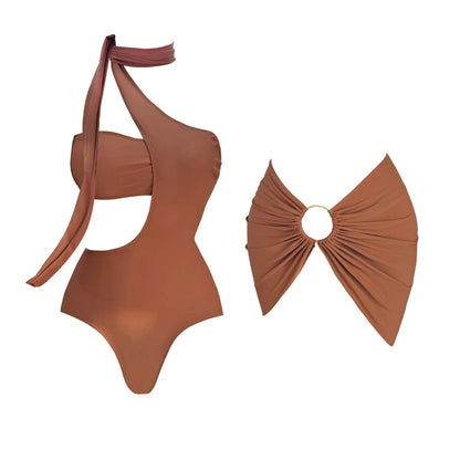 2Pcs Deep V Swimsuit With Long Skirt Women Sexy Swimwear Female Bikini Cut Out Biquini Swim Suit Shiny Button Bodysuit Beachwear