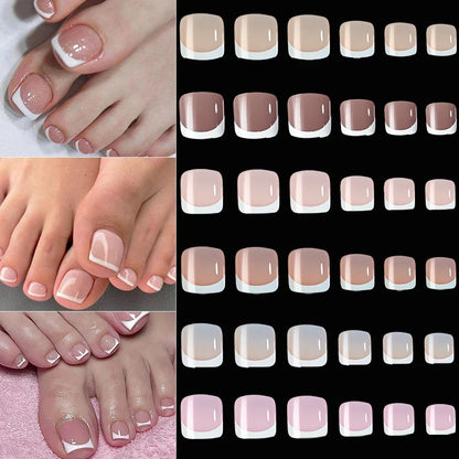 120pcs/Box French Tip Press-On Toenails Pink Color System Square Shape Foot Nails Short Length Glossy Finish False Toe Nails Set