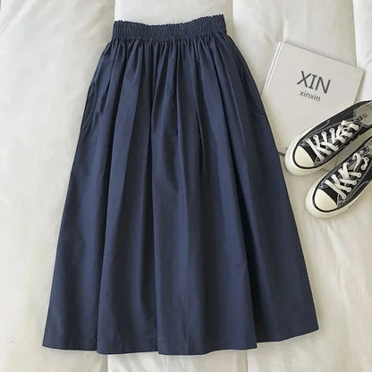 2025 NEW Women's White Long Skirt High Waist A-Line Knee-Length Fashion Pockets Pleated Casual Elegant Skirts for Autumn