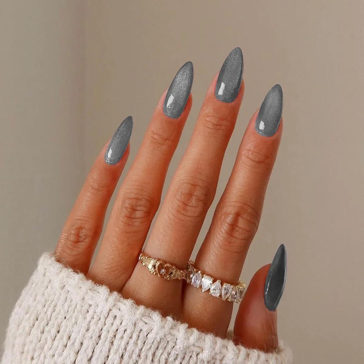 24pcs/box Long Almond Green Cat's Eye False Nails Glitter Aurora Artificial Fake Nails Press On Round Nail Tips Fashion Nail Art
