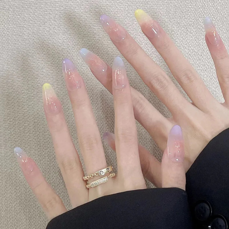 24Pcs White Gradient Press on False Nails Acrylic Stiletto Almond Fake Nail Wearable Solid Color Simple Full Cover Manicure Tips