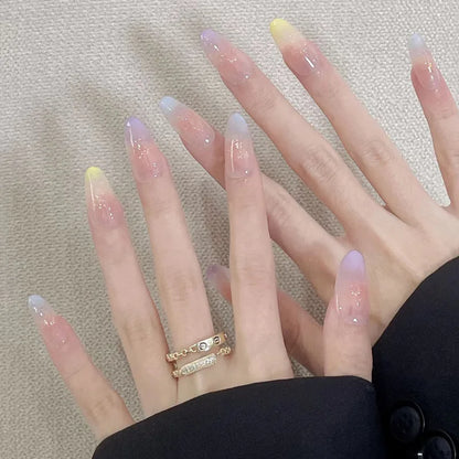 24Pcs White Gradient Press on False Nails Acrylic Stiletto Almond Fake Nail Wearable Solid Color Simple Full Cover Manicure Tips